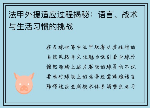 法甲外援适应过程揭秘：语言、战术与生活习惯的挑战