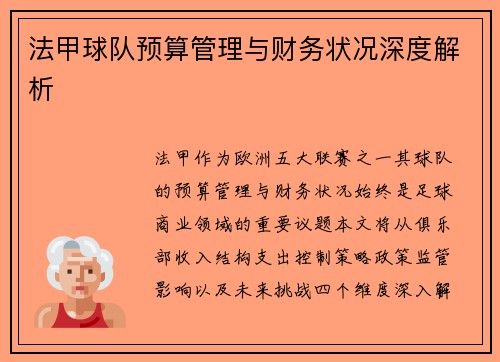 法甲球队预算管理与财务状况深度解析